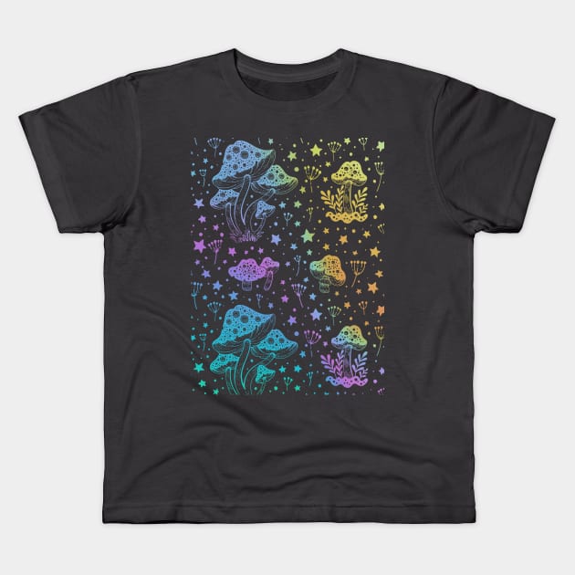 Mushroom Moon Pattern in Rainbow Kids T-Shirt by rosiemoonart